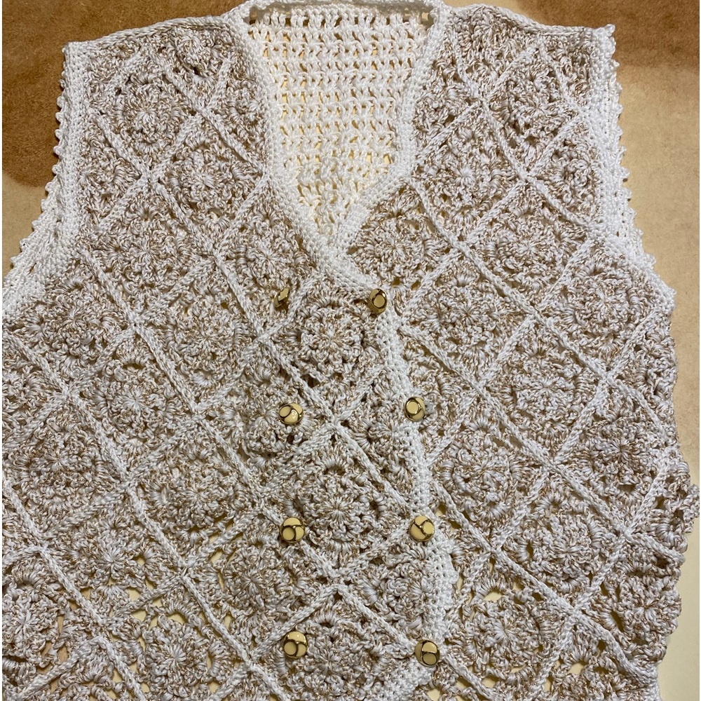 Handmade crocheted white and gold double breasted vest with buttons